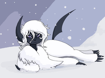blush dark_body dark_skin female feral fur hair narrowed_eyes purple_eyes snow solo thick_thighs white_body white_fur white_hair commonbleat nintendo pokemon absol generation_3_pokemon pokemon_(species)