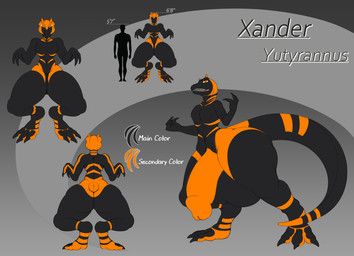 3_fingers 3_toes balls big_balls big_butt big_penis black_balls butt claws feet fingers genitals glans horn huge_balls huge_penis humanoid_genitalia humanoid_penis hyper hyper_balls hyper_genitalia hyper_penis long_tail male markings muscular nude orange_eyes orange_glans penis sharp_teeth solo standing tail talons teeth thick_thighs toes xander_yutyrannus dinosaur prehistoric_species reptile saurischian scalie theropod tyrannosauroid yutyrannus absurd_res hi_res model_sheet