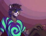 anthro black_hair blue_hair_tips fur green_eyes grey_body grey_fur hair male sitting smoking solo tie-dye whiskers white_body white_fur sacrificabominat mammal procyonid raccoon absurd_res hi_res