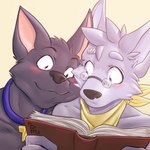 anthro blush book collar collar_only duo eyewear glasses kerchief male neckerchief neckwear nude romantic romantic_couple coughee_aholic housepets! fox_(housepets!) mungo_(housepets!) canid canine canis domestic_dog mammal 1:1 absurd_res hi_res