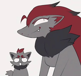 ambiguous_gender anthro dancing fangs feral fur grey_body grey_fur hair looking_at_viewer neck_tuft open_mouth red_hair simple_background smile teeth tuft white_background svkhaiminh nintendo pokemon canid canine generation_5_pokemon mammal pokemon_(species) zoroark zorua animated digital_media_(artwork) meme short_playtime sound webm