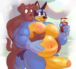 anthro balls barazoku belly beverage_can big_balls big_belly big_nipples big_pecs big_penis blue_body blue_fur bodily_fluids brown_body brown_fur duo fur genitals hand_on_pecs intraspecies male male/male mature_male muscular muscular_anthro muscular_male nipples pec_grab pecs penis standing sweat sweatdrop teeth beart bluey_(series) bandit_heeler fido_(bluey) australian_cattle_dog bird_dog canid canine canis cattledog domestic_dog herding_dog hunting_dog labrador mammal pastoral_dog retriever hi_res