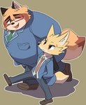 anthro bottomwear brown_body brown_fur clothing duo eyewear fur glasses kemono male necktie one_eye_closed overweight overweight_male pants shirt simple_background topwear wink 00murice canid canine fox mammal raccoon_dog tanuki 2021