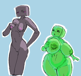 areola big_breasts biped blotchy_areola breasts duo eyebrows female genitals green_body huge_breasts looking_at_another nipple_dip nipples nude open_mouth small_breasts standing vulva partb_(artist) microsoft minecraft mojang xbox_game_studios enderman goo_creature humanoid slime_(minecraft) 2026