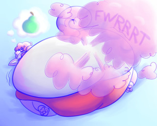 ambiguous_anthro ambiguous_gender anthro butt butt_cleavage clothing curled_tail curly_hair fart fart_cloud floppy_ears food fruit hair long_ears monobutt onomatopoeia panties pawpads pear plant solo sound_effects tail text thought_bubble underwear wobbling_butt raquao lagomorph leporid mammal rabbit 5:4 hi_res