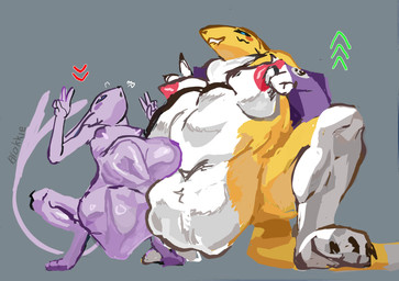 abdominal_bulge anthro anthro_pred anthrofied areola bite biting_lip black_sclera bottomwear calf_muscles clothing crouching duo female gesture glistening glistening_body grey_background hand_gesture looking_pleasured navel nipple_fetish nipple_play nude open_mouth pants pokemorph ribs simple_background skinny spread_legs spreading v_sign vacuum_sealed vore blokkie bandai_namco digimon nintendo pokemon digimon_(species) eeveelution espeon felid feline generation_2_pokemon mammal pokemon_(species) renamon absurd_res crossover hi_res