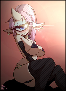 1_eye big_breasts blue_eyes blush breasts clothed clothing ear_piercing female hair horn legwear looking_at_viewer not_furry piercing pink_hair ponytail sitting skindentation smile solo thigh_highs jomokin bynx_(cclowndogg) cyclops humanoid hi_res