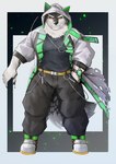 anthro clothing fur green_eyes hoodie long_coat male multicolored_body multicolored_fur muscular muscular_anthro muscular_male pecs red_sclera solo topwear inumasa_mofu lifewonders live_a_hero monomasa canid canine canis domestic_dog husky mammal nordic_sled_dog spitz