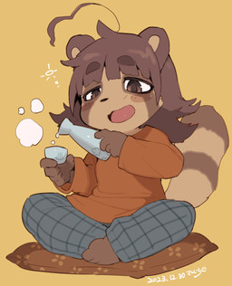 alcohol ambiguous_gender anthro barefoot beverage blush blush_stickers bottomwear brown_eyes brown_hair clothing container cup droopy_eyes drunk feet grey_bottomwear grey_clothing hair open_mouth orange_clothing orange_shirt orange_topwear pillow sake sake_bottle shirt simple_background sitting sitting_on_pillow substance_intoxication topwear yellow_background sanjiro canid canine mammal raccoon_dog tanuki 2023 dated hi_res