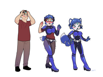 5_fingers anthro basic_sequence belt black_nose blue_body blue_fur blue_hair blush bodysuit boots bottomwear breast_growth breasts brown_hair clothing female fingers footwear fur gender_transformation green_eyes growth hair high_heeled_boots high_heels human_to_anthro linear_sequence male mid_transformation mtf_transformation open_mouth pants red_clothing red_shirt red_topwear shirt shoes shrinking simple_background size_transformation skinsuit solo species_transformation surprised tail tail_growth tight_clothing topwear transformation transformation_sequence blackshirtboy nintendo star_fox krystal_(star_fox) canid canine fox human mammal 2023 absurd_res digital_media_(artwork) hi_res sequence