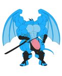 5_fingers 5_toes anthro armor balls big_balls big_bulge big_muscles big_penis blue_body bulge clothing feet fingers genitals horn huge_balls huge_bulge huge_muscles huge_penis humanoid_genitalia humanoid_penis hyper hyper_balls hyper_bulge hyper_genitalia hyper_muscles hyper_penis looking_at_viewer male melee_weapon muscular muscular_anthro muscular_male navel penis pink_penis plantigrade simple_background solo standing sword tail toes underwear vein veiny_penis weapon white_background wings sachiel_666 mythology dragon mythological_creature mythological_scalie scalie 2016 hi_res