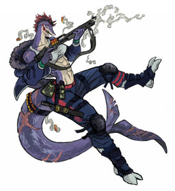 athletic athletic_female bra breasts clothing female gun hair hoodie mohawk non-mammal_breasts pink_hair ranged_weapon scar shotgun smoke solo sports_bra tactical topwear underwear weapon juden_15 nyjasca aquatic fish shark hi_res