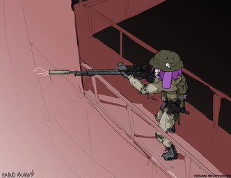 ambiguous_gender anthro clothed clothed_ambiguous clothed_anthro clothing detailed_background fully_clothed fully_clothed_ambiguous fully_clothed_anthro fur hair holding_sniper_rifle military_uniform purple_body purple_fur purple_hair skull_accessory solo uniform bravobunny lagomorph leporid mammal rabbit hi_res