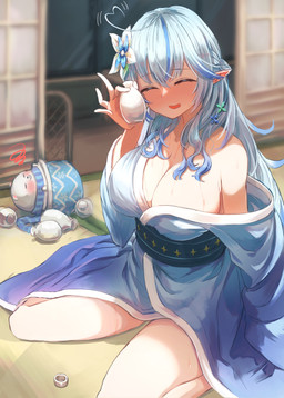 asian_clothing big_breasts blue_hair blush breasts cleavage clothed clothing drunk duo east_asian_clothing female hair humanoid_pointy_ears japanese_clothing kimono long_hair not_furry pointy_ears solo_focus substance_intoxication rocoroco1115 elf humanoid absurd_res hi_res