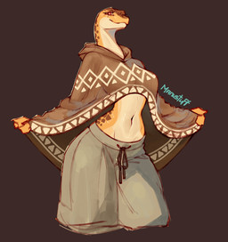anthro bedroom_eyes big_breasts bottomwear breasts brown_background brown_body brown_scales clothing crotch_tuft eyelashes female hood long_eyelashes long_neck looking_at_viewer markings multicolored_body multicolored_scales narrowed_eyes navel non-mammal_breasts non-mammal_navel pants poncho presenting red_eyes scales seductive simple_background slightly_chubby slightly_chubby_anthro slightly_chubby_female small_waist smile solo spots spotted_body spotted_hips spotted_scales tan_body tan_scales thick_thighs three-quarter_view tuft ventral_groove wide_hips yellow_body yellow_scales manustuff reptile scalie snake hi_res portrait signature three-quarter_portrait