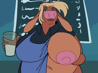 anthro apron areola belly big_areola big_breasts blonde_hair bouncing_breasts breasts clothing duo female female/female hair holding_breast horn huge_areola huge_breasts larger_female mature_anthro mature_female milk nipples one_breast_out overweight overweight_anthro overweight_female puffy_areola puffy_nipples size_difference smaller_female snout thick_nipples blen_bodega i_mean_breast_milk dusk_(tabuley) maybel_(tabuley) bat bovid bovine mammal 2d_animation 4:3 animated frame_by_frame meme no_sound short_playtime video