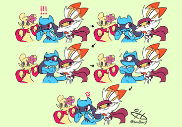 ambiguous_gender angry anthro black_body black_fur blue_body blue_fur cross-popping_vein crossed_arms exclamation_point fighting_pose flower_on_head fur green_background group kerchief pose red_eyes simple_background smile tail trio white_body white_fur wristband yellow_body yellow_fur keroberry1 nintendo pokemon generation_4_pokemon generation_5_pokemon generation_8_pokemon mienfoo pokemon_(species) riolu scorbunny 2026 absurd_res digital_media_(artwork) hi_res meme