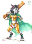 4_fingers 4_toes anthro armor bikini_armor black_hair braided_hair breasts cape claws cleavage clothed clothing digitigrade feet female fingers footwear fur green_eyes grin gun hair hand_on_hip holding_gun holding_object holding_ranged_weapon holding_weapon inner_ear_fluff looking_at_viewer multicolored_body multicolored_fur navel pawpads ranged_weapon simple_background smile solo toe_claws toeless_footwear toes trigger_discipline tuft two_tone_body two_tone_fur unconvincing_armor vambrace weapon white_background kacey blizzard_entertainment warcraft canid mammal werecanid werecreature worgen 2024 hi_res marker_(artwork) traditional_media_(artwork)