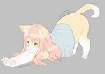 clothing eyes_closed female fur grey_background hair pawpads pink_nose simple_background smile solo stretching transformation whiskers yellow_body yellow_fur roina domestic_cat felid feline felis mammal 2020