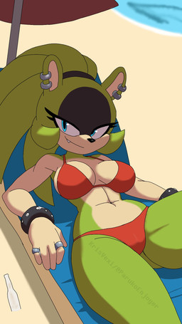 anthro beach beach_chair beach_umbrella bikini blue_eyes bracelet breasts cleavage clothed clothing cute_fangs digit_ring ear_piercing ear_ring fangs female finger_ring fur green_body green_fur jewelry multiple_ear_piercings multiple_ear_ring parasol piercing red_bikini red_clothing red_swimwear ring_piercing sand solo swimwear teeth two-piece_swimsuit parukoenjoyer idw_publishing sega sonic_the_hedgehog_(comics) sonic_the_hedgehog_(idw) sonic_the_hedgehog_(series) surge_the_tenrec afrosoricid mammal tenrec 2025 9:16 hi_res