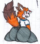 anthro big_butt blush blush_lines bulge butt clothing embarrassed felt_pen fox_tail fur heart_symbol hugehug male markers markings notebook notebook_paper_background orange_body orange_fur orange_tail presenting presenting_hindquarters school school_uniform sitting tail teeth_showing tongue uniform unknown_artist canid canine fox mammal