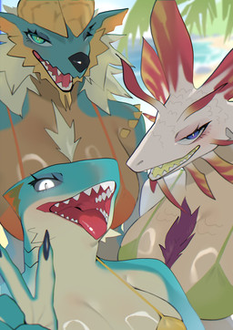 anthro big_breasts bikini breasts clothed clothing female fur horn looking_at_viewer outside scales smile swimwear teeth two-piece_swimsuit yolabayola1 capcom monster_hunter amphibian_(mh) aquatic fanged_wyvern fish leviathan_(mh) mizutsune scalie shark zamtrios zinogre absurd_res hi_res