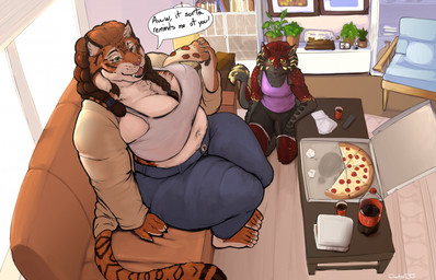 4_toes anthro beverage big_breasts black_body black_fur bottomwear breasts brown_body brown_fur brown_hair bulge chair clothed clothing denim denim_bottomwear denim_clothing detailed_bulge dialogue digit_ring duo fangs feet female fingers food fur furniture genital_outline hair huge_breasts jeans jewelry male multicolored_body multicolored_fur orange_body orange_fur overweight overweight_anthro overweight_female pants penis_outline pizza red_body red_fur ring shirt shorts sitting size_difference soda sofa speech_bubble tail tank_top teeth text thick_thighs toe_ring toes topwear white_body white_fur yellow_body yellow_fur doctordj felid mammal pantherine tiger 14:9 english_text hi_res