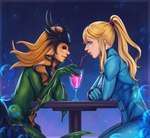 arm_fin beverage black_sclera blonde_hair blue_eyes bubble crossover_ship crown drinking_straw drinking_straw_in_mouth duo female female/female fin furniture gem hair headgear holidays jewelry red_eyes romantic romantic_couple sharing_drink sipping split_form table inksilvery league_of_legends metroid nintendo riot_games tencent valentine's_day nami_(lol) samus_aran human humanoid mammal marine merfolk absurd_res crossover hi_res huge_filesize