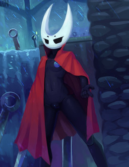 anthro black_body black_eyes blue_insides blush breasts cloak cloak_only clothed clothing cyanotic_epithelium female genitals half-closed_eyes horn narrowed_eyes navel nipple_dip nipples non-mammal_breasts outside raining solo standing vulva white_horn lennoxicon hollow_knight_(franchise) team_cherry hornet_(hollow_knight) arthropod humanoid insect 2023 absurd_res digital_media_(artwork) hi_res