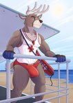 anthro big_bulge blue_eyes blush brown_body brown_fur bulge butt chest_tuft clothing detailed_bulge fur genital_outline gloves handwear lifeguard lifeguard_tower male muscular muscular_anthro muscular_male pecs penis_outline sand sea shirt solo speedo swimwear tank_top topwear torpedo tuft water whistle_(object) shirokoi deer mammal absurd_res hi_res