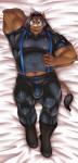 anthro boots bulge clothing dakimakura footwear latex lying male muscular muscular_anthro muscular_male shoes solo zombiehk mammal suid suine sus_(pig) wild_boar dakimakura_design hi_res