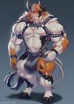 2023 absurd_res anthro big_bulge bovid bovine bulge cattle codpiece facial_piercing hair hair_over_eyes harness hi_res highland_cattle hooves horn huge_bulge luiixury male mammal multi_tail muscular muscular_anthro muscular_male navel nipples nose_piercing nose_ring pecs piercing pubes ring_piercing solo tail