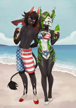 anthro arm_over_shoulder beach big_ears bikini clothing dessert duo ear_piercing ear_tuft female flag_swimwear food gold_(metal) gold_jewelry green_eyes hair hand_behind_back holidays hooves horn ice_cream ice_cream_cone jewelry looking_at_another machine male male/female markings multicolored_hair paws piercing red_eyes smile swimming_trunks swimwear tail tail_tuft tuft two-piece_swimsuit two_tone_hair xdanyart 4th_of_july toro_(nerobeasts) android bovid caprine demon felid feline goat lynx mammal robot absurd_res hi_res