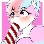 anthro blue_body blue_fur blue_hair blush candy candy_cane dessert female food fur hair holding_object looking_up multicolored_body multicolored_fur multicolored_hair pink_body pink_eyes pink_fur pink_hair solo sucking white_body white_fur white_hair kloudmutt diana_(mavis_delcat) lagomorph leporid mammal rabbit 1:1 2022 hi_res