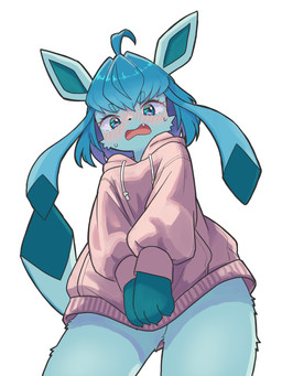ahoge anthro anthrofied blue_body blue_fur blue_hair blush bodily_fluids bottomless breasts clothed clothed_anthro clothed_female clothing clothing_pull covering covering_crotch covering_self cute_fangs embarrassed fangs female female_anthro fur hair hoodie hoodie_only kemono looking_at_viewer open_mouth pokemorph shy simple_background solo sweat sweatdrop tail teeth tongue topwear topwear_only white_background neko_t_chan nintendo pokemon eeveelution generation_4_pokemon glaceon pokemon_(species) 2025 3:4 absurd_res digital_media_(artwork) hi_res portrait three-quarter_portrait