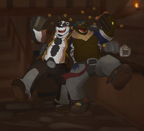 anthro black_body blush bottomwear brown_body clothing detailed_background drunk duo hug humanoid_hands inside male moobs nipples overweight overweight_male pants substance_intoxication white_body dippubear badger bear mammal mustelid musteline 2020 hi_res