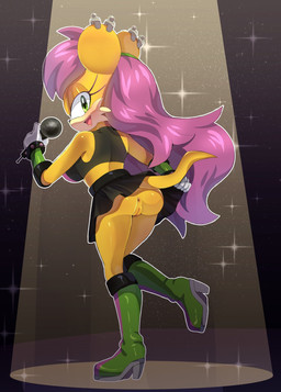 anthro anus big_breasts big_butt black_bottomwear black_clothing black_nose black_skirt blush boots bottomwear bracelet breasts butt cheek_tuft clothed clothing ear_piercing electronics eyelashes facial_tuft female footwear fur genitals gloves green_boots green_clothing green_eyes green_footwear hair handwear holding_microphone holding_object jewelry long_hair looking_at_viewer looking_back looking_back_at_viewer microphone no_underwear piercing purple_hair rear_view shoes skirt solo sparkles studded_bracelet studded_jewelry studs tan_body tan_fur thick_thighs tuft upskirt vulva white_clothing white_gloves white_handwear wide_hips squish_(artist) archie_comics sega sonic_the_hedgehog_(archie) sonic_the_hedgehog_(comics) sonic_the_hedgehog_(series) mina_mongoose herpestid mammal mongoose hi_res