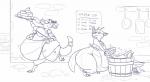 anthro belly big_belly breasts claws clothing dishes duo ear_piercing female food hoodah horn kobold monochrome morbidly_obese non-mammal_breasts obese overweight piercing simple_background stuffing thick_thighs toe_claws