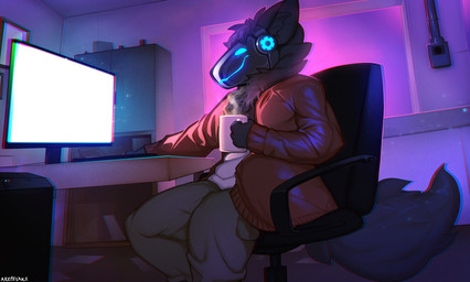 anthro beverage bottomwear chair clothing coffee computer electronics furniture machine male pants sitting solo sweater topwear akefesauce mark_(theroboticdragon) protogen absurd_res hi_res