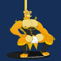 anthro balls_outline bow_tie briefs bulge clothed clothing crown dancing detailed_bulge footwear fur genital_outline glass hair headgear machine male muscular muscular_anthro muscular_male nipple_piercing nipples piercing pole pole_dancing shoes smile solo sparkles topwear underwear vest conditional_dnp notkastar five_nights_at_freddy's scottgames golden_freddy_(fnaf) animatronic mammal robot 1:1 alpha_channel