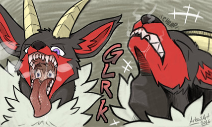 bodily_fluids dripping duo fangs mouth_shot neck_bulge open_mouth oral_vore prey_imprint prey_in_mouth saliva saliva_drip saliva_on_face same_size_vore smoke smoke_from_mouth smoke_from_nose snarling steam steaming_body steamy_breath swallowing swallowing_sound_effect teeth tongue tongue_out vore arkailart palworld pocketpair sequence_(klaude) pal_tamer human incineram mammal pal_(species) 5:3 absurd_res digital_media_(artwork) hi_res