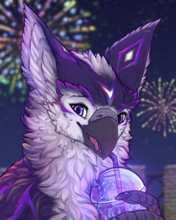 ambiguous_form ambiguous_gender beak black_beak black_claws claws container cup drinking_straw fireworks fur holding_container holding_cup holding_object looking_at_viewer night open_beak open_mouth outside pink_tongue purple_body purple_eyes purple_fur sky smile solo tongue white_body white_fur varness-crowe mythology avian gryphon mythological_avian mythological_creature colored digital_drawing_(artwork) digital_media_(artwork) hi_res shaded