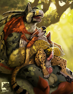 animal_genitalia animal_penis anthro anthro_on_anthro anthro_penetrated anthro_penetrating anthro_penetrating_anthro ball_size_difference balls beak bodily_fluids canine_genitalia canine_penis chair_position countershade_balls countershade_genitalia countershade_torso countershading cum cum_in_ass cum_inside cum_while_penetrated duo ejaculation erection eyes_closed feet from_behind_position fur genital_fluids genitals knot male male/male male_anthro male_penetrated male_penetrating male_penetrating_male markings open_mouth outside pawpads penetration penile penile_penetration penis sex sitting size_difference spots spotted_body spotted_fur tail talons text three-quarter_view toes wings blajn mythology fynath sibek avian cheetah felid feline gryphon mammal mythological_avian mythological_creature 2025 english_text hi_res