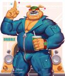 2019 anthro bulge canid canine canis car clothed clothing domestic_dog dribble_(warioware) dsharp_k front_view jumpsuit looking_at_viewer male mammal muscular muscular_anthro muscular_male nintendo nipple_outline one_eye_closed pecs sharp_teeth simple_background smile solo teeth text tight_clothing url vehicle warioware white_background wink