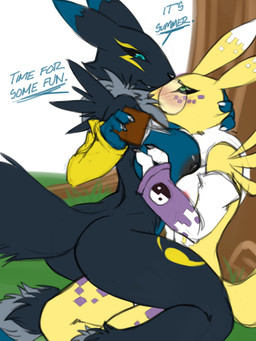 alternate_color anthro armwear bellbottom_fur big_breasts black_sclera blue_eyes blush book breast_squish breasts breasts_frottage bridal_gauntlets butt cheek_tuft clothing dialogue dipstick_ears duo ear_markings eyewear facial_tuft female female/female glasses hand_behind_head head_markings intraspecies markings multicolored_ears neck_tuft nipples nude outside plant sitting squish straddling tail text tree tuft white_body yellow_body furball bandai_namco digimon data_(wouhlven) fan_character vulpamon vulpamon_x canid canine digimon_(species) mammal renamon 2018 3:4 colored_sketch english_text sketch
