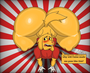 anthro big_butt blush bubble_butt butt clothing dialogue fur gloves handwear huge_butt kneeling male pose shirt solo text thick_thighs topwear wide_hips yellow_body yellow_fur yellow_sclera mgdire671 glitch_productions the_amazing_digital_circus scratch_(tadc) canid canine canis domestic_dog mammal 2026 digital_media_(artwork) hi_res japanese_text pinup