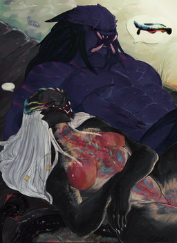 4_fingers abs accessory arms_bent beads biped black_body black_claws black_eyes black_hair black_sclera black_skin breasts breasts_apart claws dark_body dark_hair dark_skin dreadlocks duo featureless_breasts featureless_crotch female finger_claws fingers glistening glistening_eyes glistening_hair grass hair hair_accessory hair_beads high-angle_view iris larger_male light_body light_hair light_skin long_hair looking_at_another lying male mandibles medium_breasts monotone_hair multicolored_body multicolored_skin muscular muscular_humanoid muscular_male not_furry nude nude_female nude_humanoid nude_male on_back open_mouth outside pecs plant pupils purple_body purple_eyes purple_skin red_body red_breasts red_skin size_difference small_pupils smaller_female speech_bubble text thick_thighs water white_claws white_hair white_sclera white_speech_bubble parasytal predator_(franchise) alien alien_humanoid humanoid yautja 2025 artist_name digital_drawing_(artwork) digital_media_(artwork) hi_res pictographics