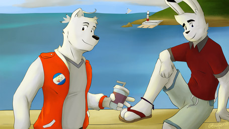3_toes anthro clothing duo eyebrows feet flip_flops footwear fur lighthouse male male/male sandals sea shoes soft_drink thick_eyebrows toes water white_body white_fur conditional_dnp gearfox98 francis_(gearfox98) miles_snowden_(gearfox98) bear hare lagomorph leporid mammal polar_bear ursine 16:9 hi_res widescreen
