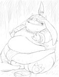 anthro balls belly blush bodily_fluids genitals kemono male moobs nipples obese obese_anthro obese_male overweight overweight_anthro overweight_male sitting solo sweat doguma-sin final_fantasy final_fantasy_tactics square_enix seeq 2021 hi_res monochrome sketch