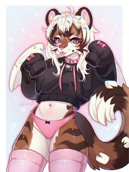ahoge anthro bangs bell bell_collar black_clothing black_hoodie black_topwear blep brown_body brown_fur brown_hair brown_markings candy cheek_tuft clothed clothing collar cropped_hoodie dessert eyelashes facial_tuft feathered_wings feathers female food fur hair heart_(marking) hoodie legwear long_hair looking_at_viewer markings marshmallow multicolored_body multicolored_fur multicolored_hair navel panties pantsless pink_clothing pink_collar pink_panties pink_stockings pink_underwear simple_background solo spiked_collar spikes stockings striped_body striped_fur stripes tail tongue tongue_out topwear tuft two_tone_hair underwear white_body white_fur white_hair wings cepto_(artist) felid mammal pantherine tiger 2023 3:4 colored digital_drawing_(artwork) digital_media_(artwork) hi_res shaded